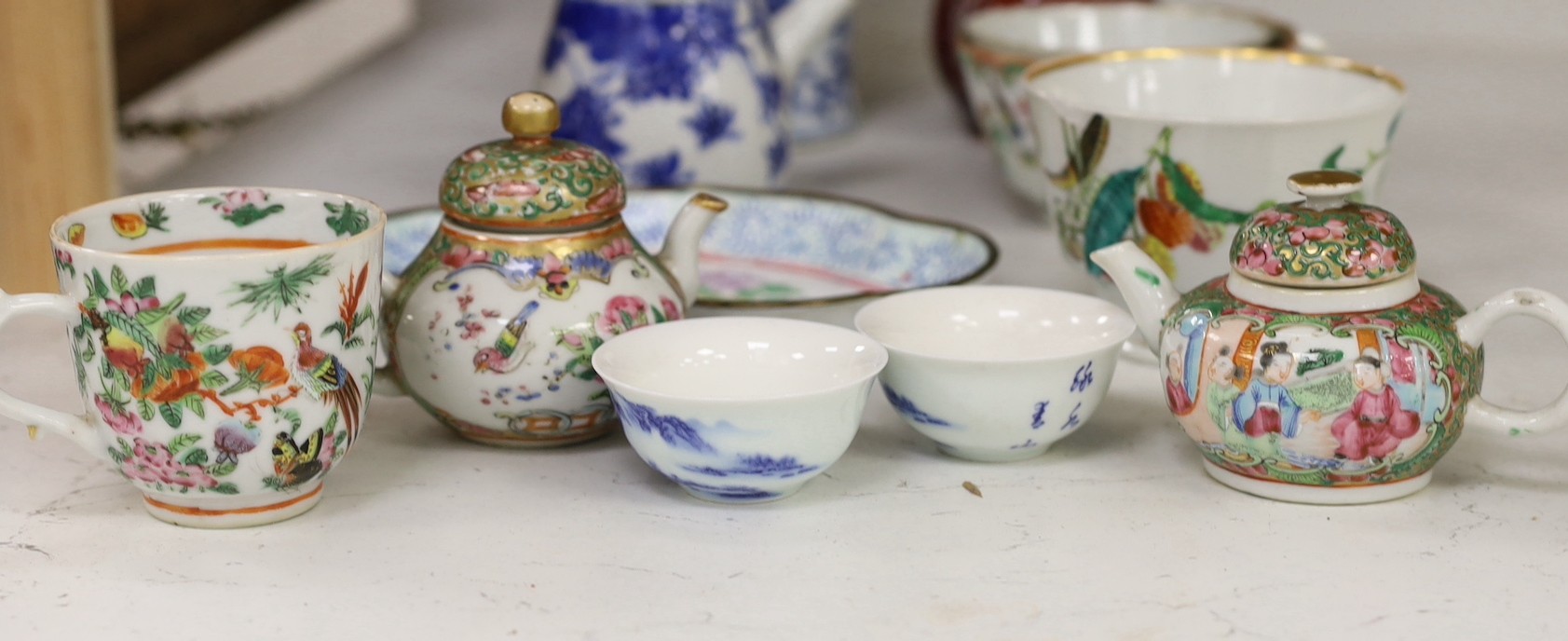 A group of mixed Chinese porcelain, 18th century and later, tallest item blue and white vase 29cms high.